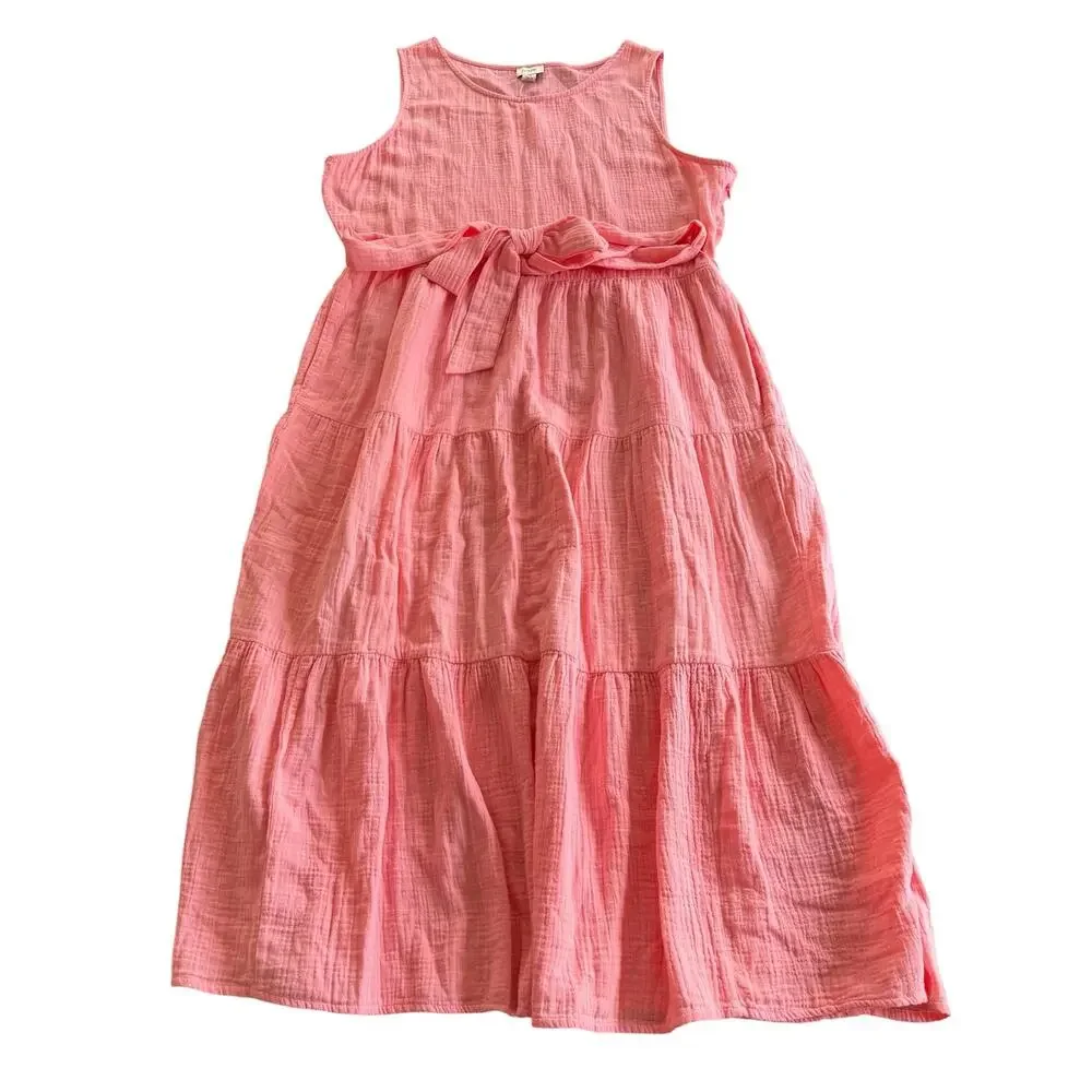 J Crew Women’s NEW pink crinkle dress, faux tired, belt, pockets, midi, Size 14